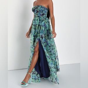Lulus Wonderful Waltz Green Floral Print Strapless Bustier Maxi Dress